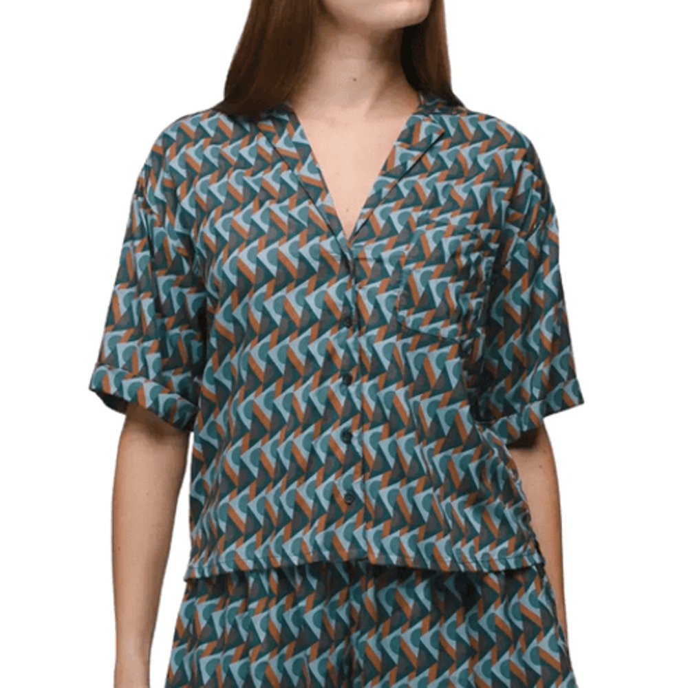 Prana Iguala Top Women's M High Tide Retro Geo Relaxed Fit Button Up Cropped